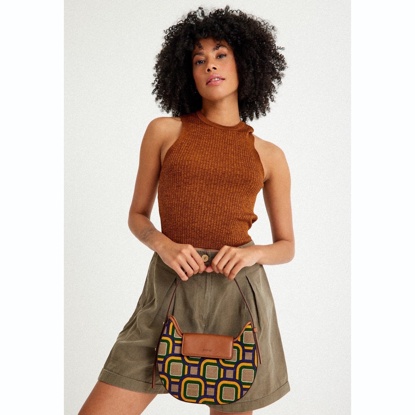 Vegan Apple Leather & Fabric Moon Shoulder Bag Mix Color