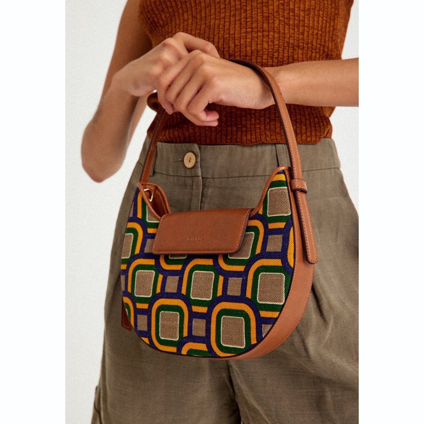 Vegan Apple Leather & Fabric Moon Shoulder Bag Mix Color