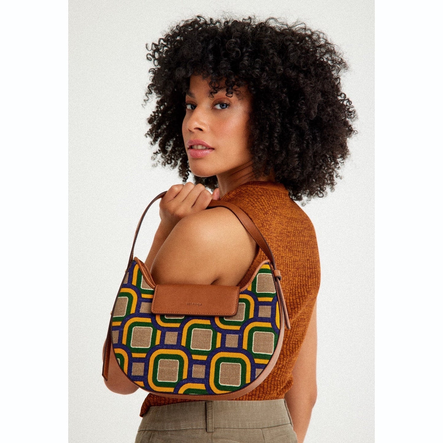 Vegan Apple Leather & Fabric Moon Shoulder Bag Mix Color