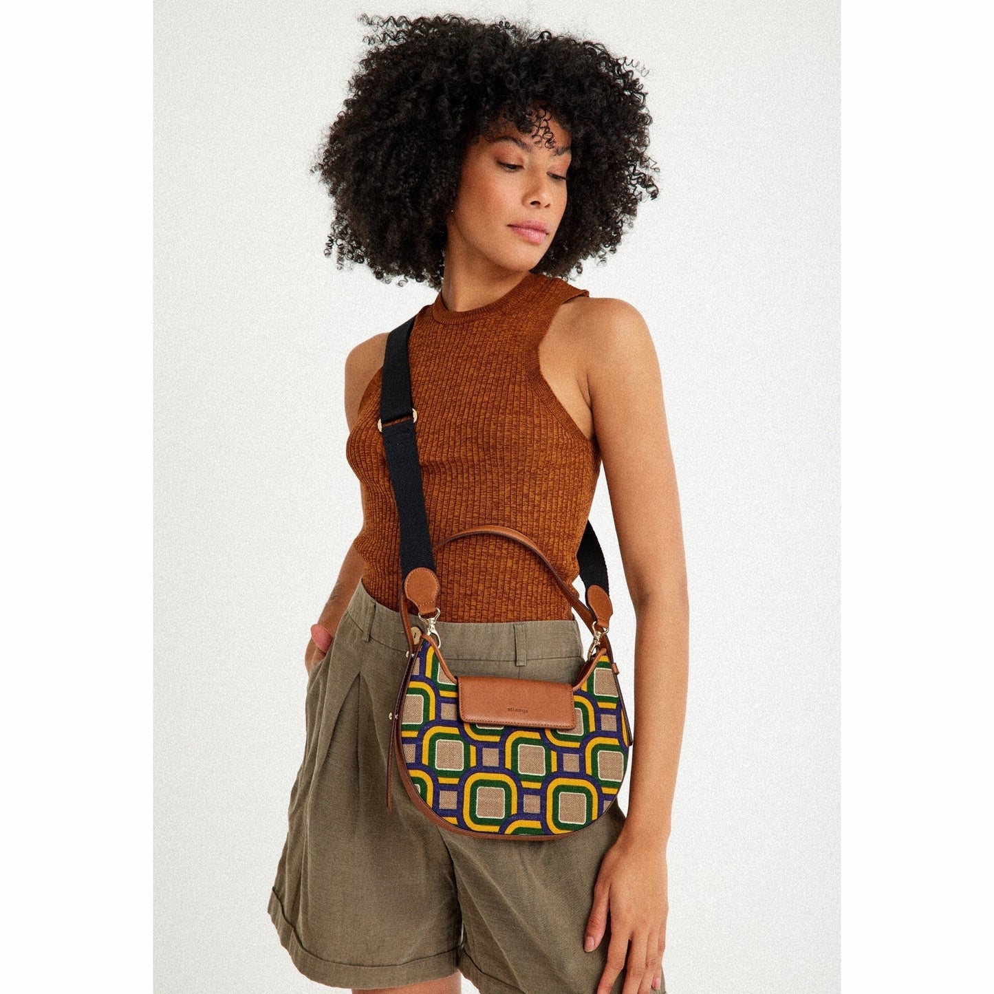 Vegan Apple Leather & Fabric Moon Shoulder Bag Mix Color