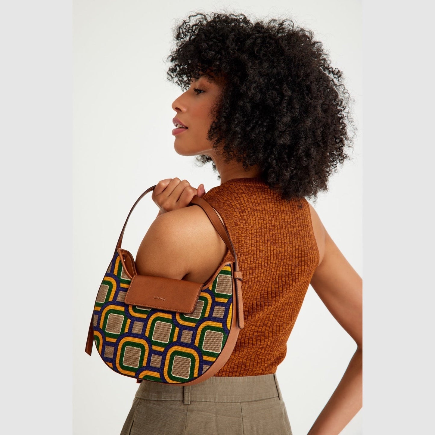 Vegan Apple Leather & Fabric Moon Shoulder Bag Mix Color