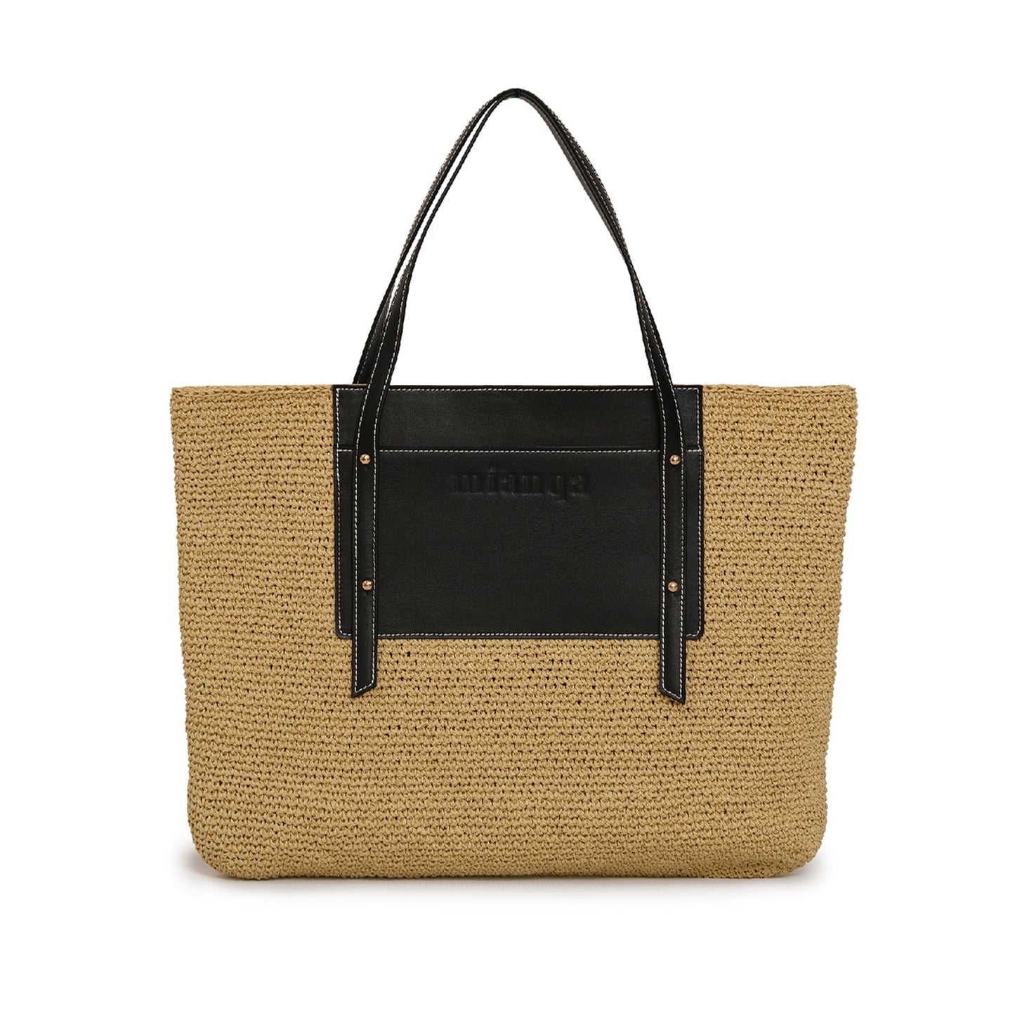 Vegan Bio-Leather & Handwoven Raffia Tote Bag Black